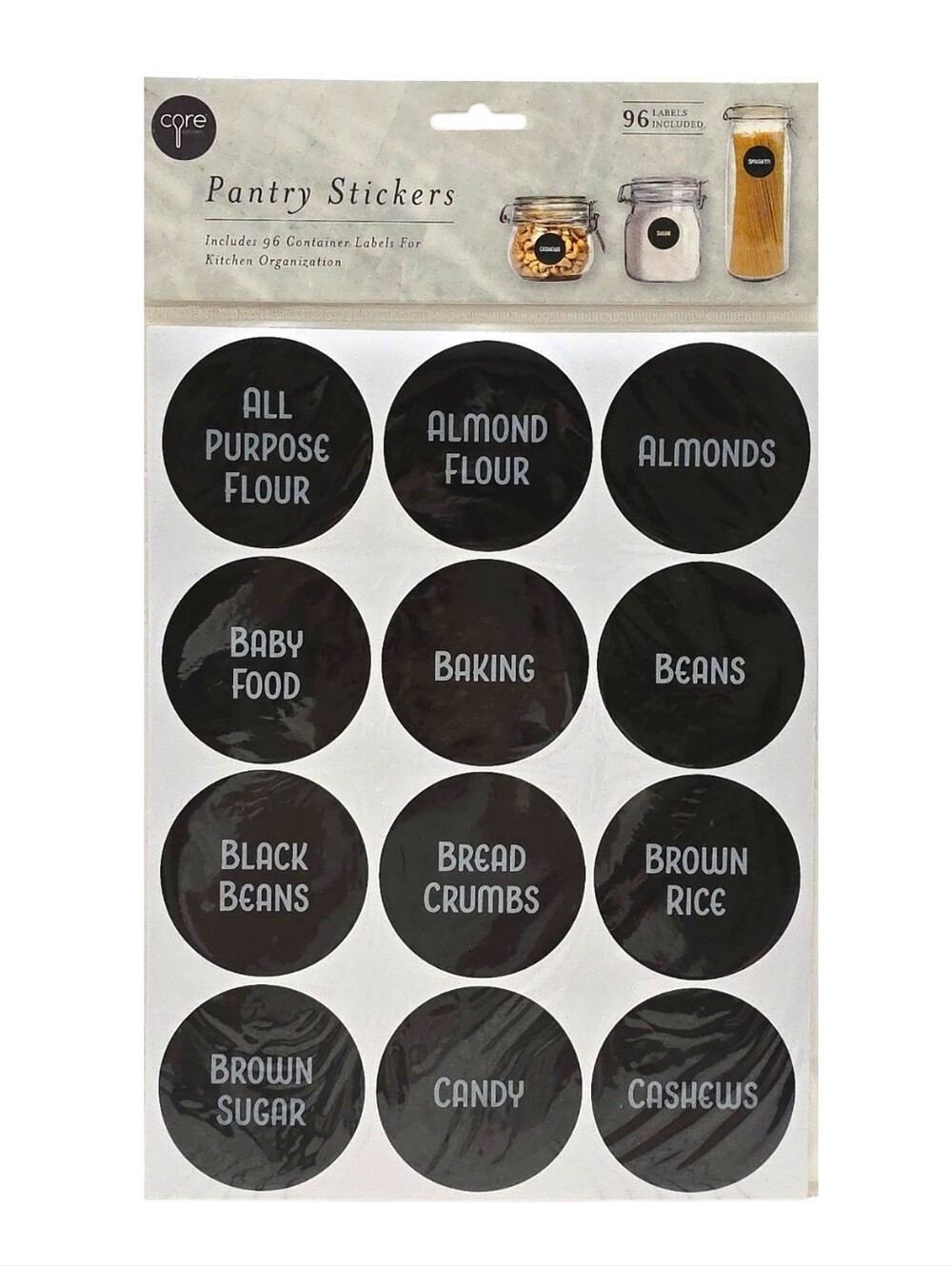 Core Kitchen Set of 96 Pantry Labels Stickers 2.5" Black Storage Organization